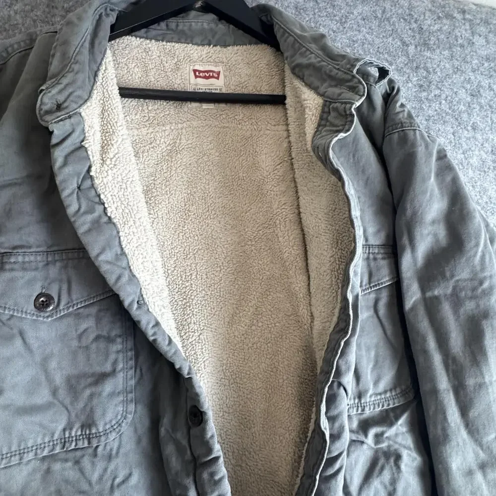 Levis Shirt Jacket Mens 2XL Gray Sherpa Lined Button Up Workwear Western Shacket